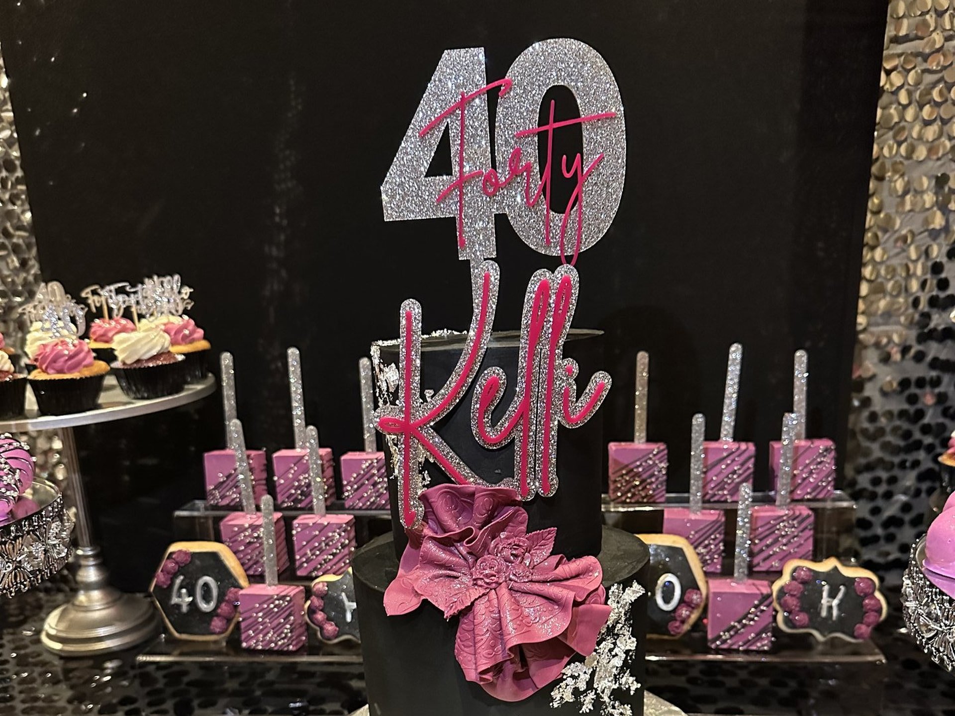 Forty Kyli glam birthday cake with pink and silver accents